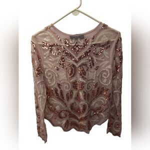 Akira Rose Gold Sequin Mesh Long Sleeve Top Size S
